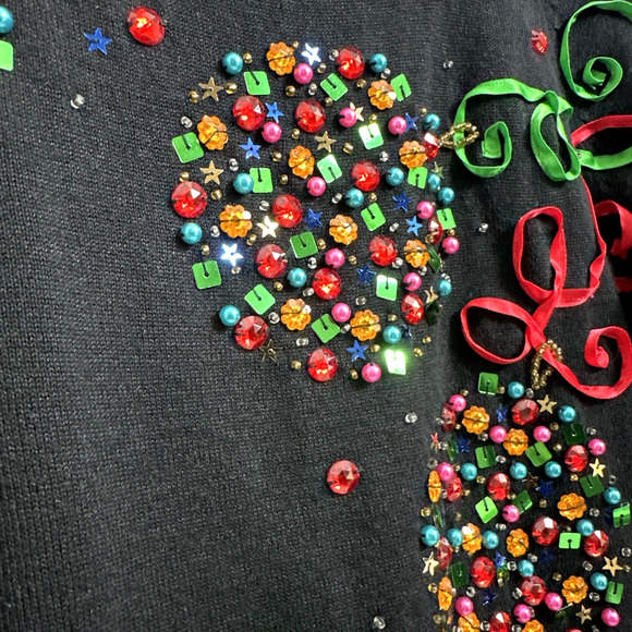 Vtg Christmas Sweater Ornaments Beaded Sequins Ribbon Black White S/M Holiday - Picture 6 of 14